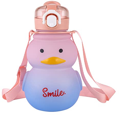 Merrwon Borraccia Kawaii, 650 ml, con simpatica anatra, senza BPA, con cannuccia e cinghia, portatile, a prova di perdite, per donne e bambini, sport all'aria aperta, viaggi