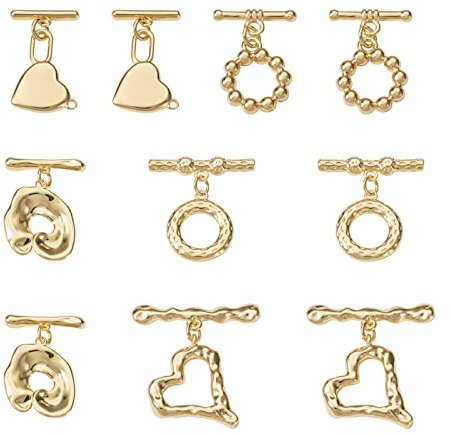 Crafans 10 Sets Brass Toggle Clasps Real 18K Gold Plated O Clasps Heart Round Ring Lock Toggle Clasp for Bracelet Connectors Necklace Chain Jewelry Making DIY