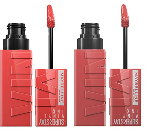 Maybelline New York SuperStay Vinyl Ink Lip Tint Bright Color 35 Cheeky + SuperStay Vinyl Ink Color 15 Luminous Peach Finish - 2 Lipsticks with Precision Applicator