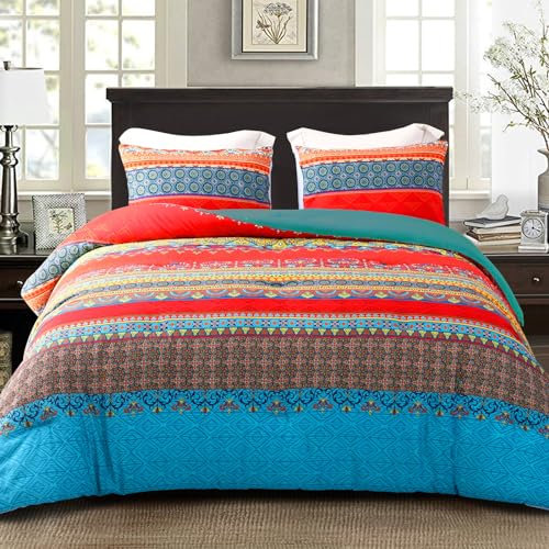 Exclusivo Mezcla Edredón 220x230cm con 2 Fundas de Almohada, Ligero y Cálido Edredón Nórdico para Cama Doble con Estampado de Bohemia, Adecuado para Cualquier Temporada, Azúl Boho