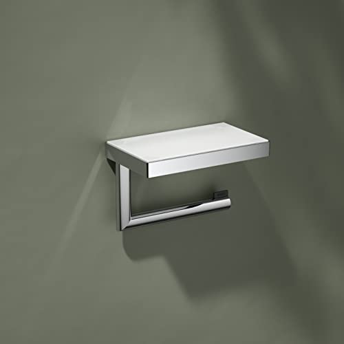 KEUCO Toilettenpapierhalter aus Metall inkl. Montageset zum Kleben, ohne Bohren, Chrom, Ablage, Anti-Rutsch-Einlage, WC-Rollenhalter, Reva