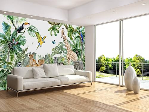 Papier Peint Panoramique Animaux Jungle Tropicale Papier Peint 3D Intissé Decoration Murale Chambre Salon