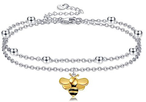 POPLYKE Biene Fußkettchen für Damen 925 Sterling Silber Doppelschichtige Kette Gold überzogene Biene Knöchel Armband Mädchen Sommer Strand Schmuck