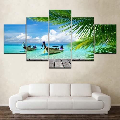 Tableau 5 Pièces Palmiers Bleus De La Plage 5 Panneaux Tableau Sur Toile Art Mural Décoration Murale Moderne Maison Salon Chambre Décoration, Sans Cadre 150 X 100 Cm