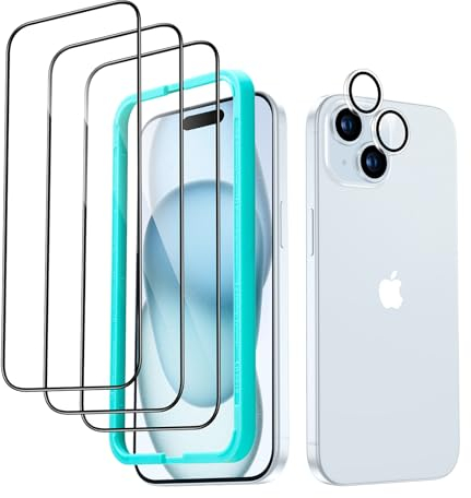 ESR für iPhone 15 Plus für Panzerglas, 3 Displayschutzfolien aus gehärtetem Glas und 1 Set einzelner Kamera Schutzfolien, 2,5D gebogene Kanten, vollständiger Militärnorm Schutz, kratzfest