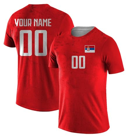 Yolovi Personalisiertes Fussballtrikot mit Namen Nummer Drucken Nationalflagge Sport Casual Trikots Fussballshirts für Herren Damen Jugendliche Serbia
