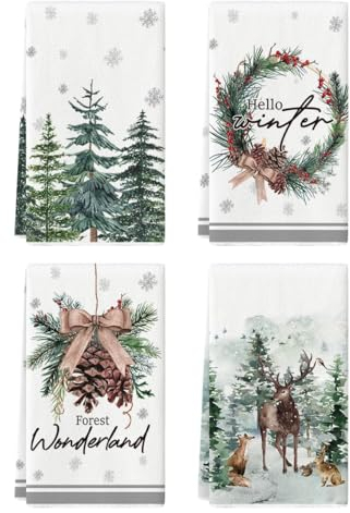 Artoid Mode Kiefernzapfen Bäume Rentier Hello Winter Weihnachten Küchentücher Geschirrtücher, 42x65 cm Holly Xmas Dekoration Handtücher 4er Set