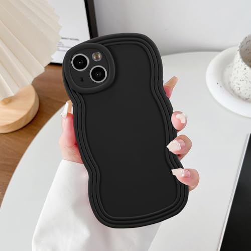XIZYO Curly Wave Solid Color Phone Case for iPhone 15, Black | Full Camera Protection, Shockproof Silicone, Soft TPU, Cute Aesthetic Design, Slim Thin, Sturdy Anti-Yellow, Drop Resistance
