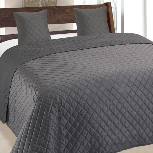 Euromat Tagesdecke Steppdecke Bettüberwurf Gesteppte Tagesdecke mit 2 Kissenbezüge 40x40 cm- (Dunkelgrau Graphit- Velvet Amarante, 220x240 cm)