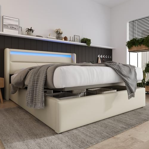 KnSam Hydraulisch Stauraumbett Sleiste, Doppelbett Bettgestell Polsterbett 160x200cm, Funktionsbett, Weiß (Mit Fernbedienung)