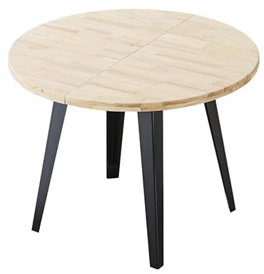Home Heavenly® - Mesa Comedor Redonda Extensible Estilo Industrial BERGI. Mesa de 100 cm diámetro. 2 tramos extensión hasta 180 Color Roble Patas Negras