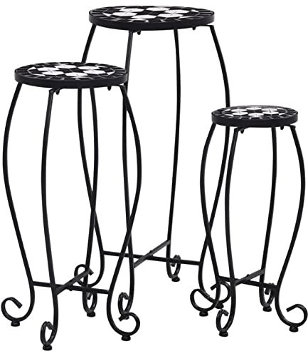 Camerina Mosaiktische 3 STK. Keramik Schwarz und Weiß Blumenständer Blumenhocker Balkontisch Gartentisch Mosaiktisch Gartenmöbel