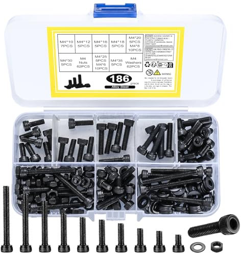 M4 Viti e Bulloni e Dadi Set, 186 Pezzi Dadi e Bulloni Vite a Testa a Esagonale, Vite e Bulloni e Rondelle a Testa Brugola, Nere