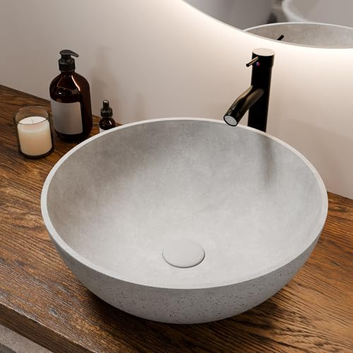 YIMAI Ingenuity Design Waschbecken Beton Waschbecken über Theke Kleines Gefäß Waschbecken Badezimmer Waschbecken Schüssel Arbeitsplatte Moderne Waschbecken mit Wasserhahn und Abfluss Combo 39,9 cm