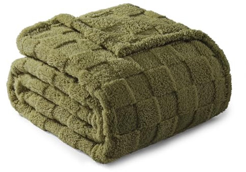 Exclusivo Mezcla Plaid Couverture Polaire à Motif Carreaux, Plaid jeté de Canape Super Doux et Chaud, Léger pour Toutes Les Saisons, 130x150 CM, Vert Olive