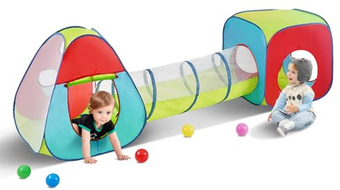 VEVOR 3-in-1-Spielzelt für Kinder mit Tunnel für Jungen, Mädchen, Babys und Kleinkinder, Pop-Up-Spielhaus für drinnen und draußen mit Tragetasche und Spanngurten als Geburtstagsgeschenk, Rot/Gelb/Blau
