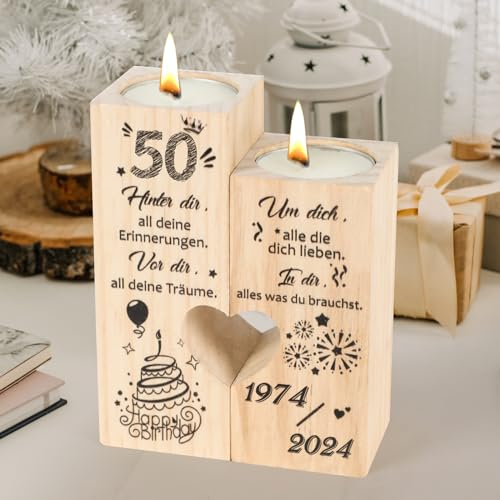Seutgjie Deko 50 Geburtstag Frau Mann Geschenk Kerzenständer Holz Personalisiert 1974 bis 2024 für Mama Schwester Freundin Kollegin Coole Geschenkideen
