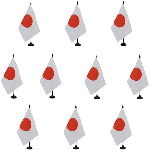 AZ FLAG - Set mit 10 japanischen Tischflaggen, 21 x 14 cm – 10 kleine japanische Büroflaggen, 100% Polyester, mit Fahnenstange von 25 cm und Sockel aus schwarzem Kunststoff