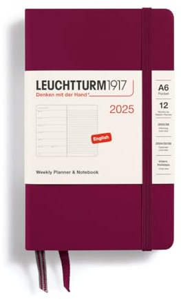 LEUCHTTURM1917 370646 Wochenkalender & Notizbuch Pocket (A6) 2025, Port Red, Englisch