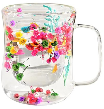 Tazas de café de vidrio de doble pared, tazas de flores estéticas,Tazas de té de vidrio de doble pared con flores - Tazas transparentes, tazas de té de vidrio con flores de 370 ml, tazas de café expre