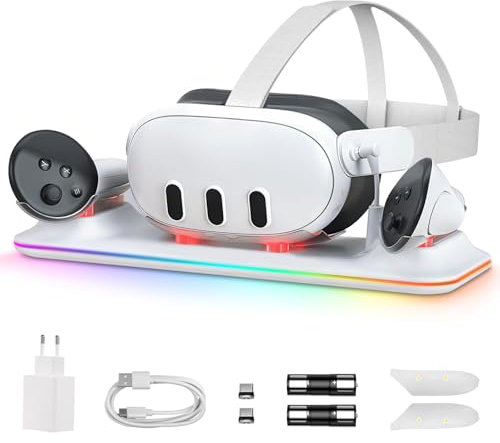 GEEKERA Ladestation Kompatibel mit Meta Quest 3 VR Headset und Controllers, Ladegerät für Oculus Quest 3 und Elite-Strap, Schnellladestation mit 18W Adapter/RGB Lichter, VR zubehör