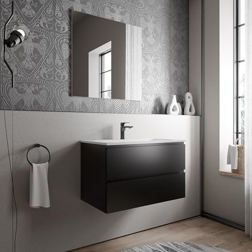 BERNSTEIN Badmöbel-Set Ava 80cm bestehend aus Mineralguss-Waschbecken mit Unterschrank in Schwarz matt, Waschtisch BRUXELLES - Weiß matt mit Hahnloch, Ideal für mittelgroße Bäder und Badezimmer