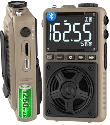 Radio Bluetooth AM FM de onda corta con alerta meteorológica NOAA, radio de bolsillo portátil recargable de 1250 mAh con la mejor recepción, altavoz grande de 5 W, sintonizador digital y auriculares