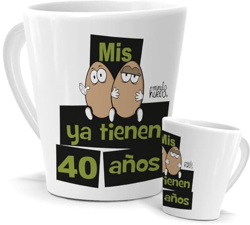Tazas Únicas |Taza Cónica 350 ML | Mis Huevos ya tiene 40 años | Sorpresa de 40 Cumpleaños | Mensaje Gracioso | Cerámica Purpurina Plata| Tazas de Café, Té ... | Tazas Hombre Feliz Cumpleaños