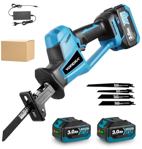 Yofidra Sega a sciabola a batteria 3100 SPM, senza fili, con 2 batterie da 3,0 Ah, 1500 W, coda di volpe elettrica, 4 lame, per legno, PVC e metallo