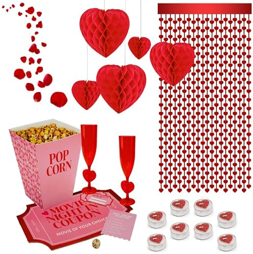 Lizzy Valentines Day Celebration Combo Gift Pack | Movie Night Kit, 2 Heart Flutes, 5 Heart Honeycomb, Heart Foil Backdrop, Glitter Candles, Red Rose Petals (Movie Night Kit Set)
