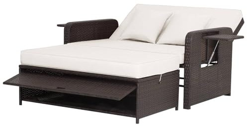 COSTWAY Garden Rattan Daybed, 4-Level Adjustable Patio Wicker Loveseat Sofa Bed Sun Lounger with Storage Ottoman, Retractable Tray & Cushions, Outdoor Double Conversation Furniture (White+Mix Brown)