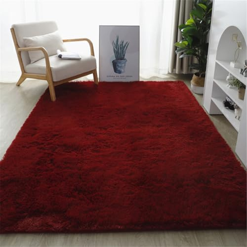 Weicher Plüsch-Teppich, rutschfest, für Schlafzimmer und Wohnzimmer, groß, einfarbig, nordischer Teppich (140 x 200 cm, Bordeaux) – gemütliche und bequeme Heimdekoration