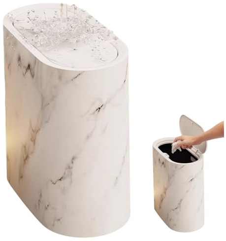 Muzrunq Poubelle de Salle de Bain avec Couvercle, Poubelle Fine en Plastique à Motif marbre Blanc, 28 x 28 x 15 cm, Salle Bain étroite et Moderne, étanche et Anti-odeurs, pour Cuisine