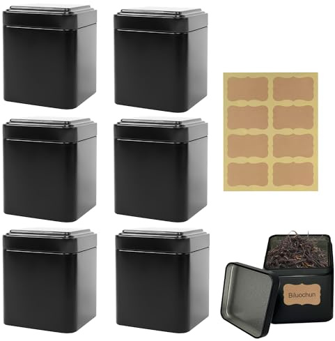 Caldamn Klassische Eckige Teedose 6 Stück Teedosen für Losen Tee mit 8 Etiketten Aufkleber 7 * 7 * 8.5cm Metalldose Teedose Luftdicht Tee Aufbewahrung Losen Tee Auch für Kaffee Oder Gewürze Geeignet