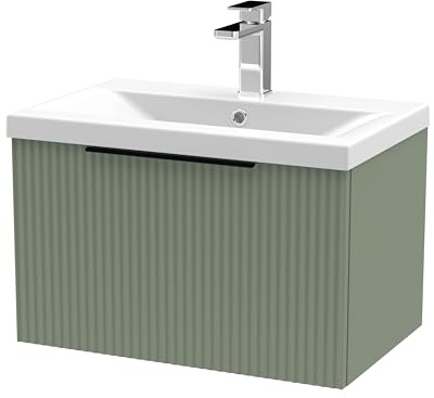 Balterley Vanity Unit with Basin Wall Hung, Single Drawer Soft Close with Mid Edge Sink and Handle, Bathroom Vanity Units with Basin, Fluted Front Sink Cabinet - 610 x 390 x 399mm (Green)