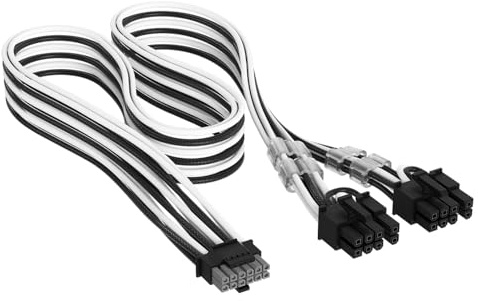 Corsair Elite Premium PCIe 12V-2x6 auf 2x8-Pin (6+2 geteilt) Netzteilkabel | Einzeln Ummantelte, Dreilagiges Mesh-Paracord, Flache Kabelkämme, Kompatibel mit 12V-2x6-Netzteilen – Schwarz/Weiß