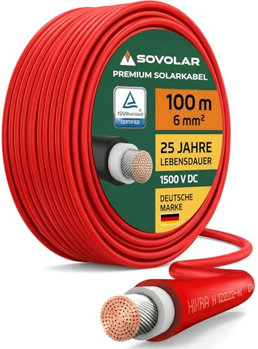 Sovolar Premium Solar Cable 6 mm² Roll TÜV Certified UV-Resistant Flexible Photovoltaic Cable PV Cable Solar Connection Cable Solar Panel Inverter for Private Customers with 0% VAT (Red, 100 m)