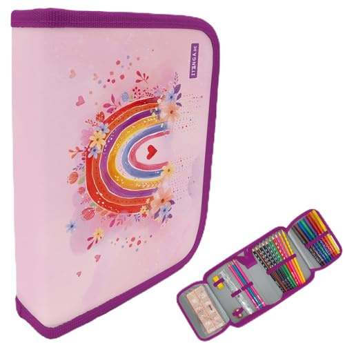 itenga Schüler-Etui 28 teilig gefüllt 1-Zipper Federmäppchen für Jungen und Mädchen (Regenbogen Rainbow Dreams)