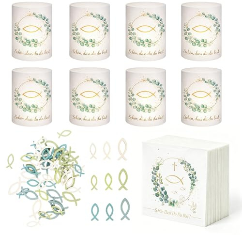 Erstkommunion Deko, 20 Stück Servietten Kommunion&8 Windlicht Tischdek&54 Holzfische Streudeko, Servietten Konfirmation, Deko Kommunion Junge Mädchen, Geschenke Gastgeschenke, Fische Tischdekoration