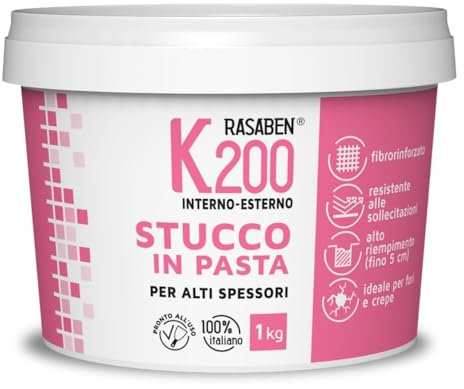 RASABEN - Stucco in Pasta K200 Pronto all'Uso, per Alti Spessori Fino a 5cm, Fibrorinfrozato, Resistente alle Sollecitazioni, per Crepe e Fori, da 1kg