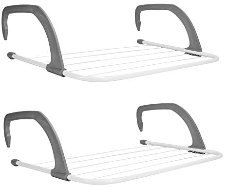 5 Bar Radiator Clothes Airer Rack Set of 2 | Foldable Clothes Drying Rack with Adjustable Arms | Iron Radiators Clothes Hanger | White & Grey | M&W