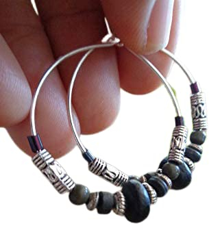 ✿ SILBER SCHWARZE KERAMIK KOKOS GLAS BOHO TRIBAL CREOLEN ✿ Ohrringe im Bali Stil