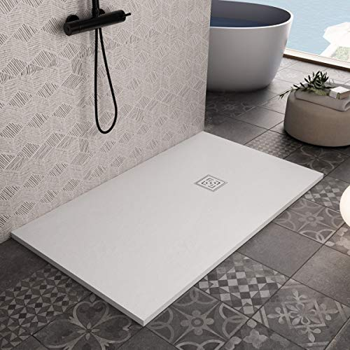 Essence ArredoBagno Piatto Doccia Resina 170x70 - Effetto Pietra Antiscivolo con GELCOAT - Modello Rome Bianco - Griglia e piletta Incluse