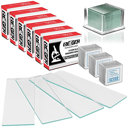 RE-GEN - 300pcs Blank Round Ground Edge Clear Microscope Slides + 300 Square Cover Glass Slips