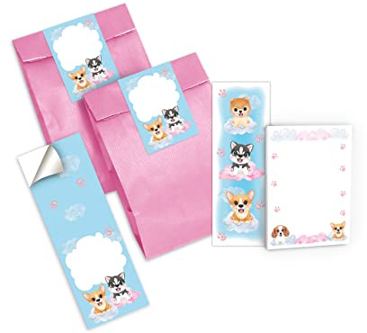 Junapack 6 Lesezeichen + 6 Mini-Notizblöcke + 6 Geschenktüten (rosa) + 6 Aufkleber Hund Hunde Mitgebsel Gastgeschenk beim Kindergeburtstag Mädchen Jungen Jungs