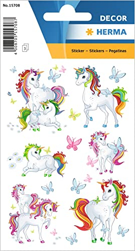 HERMA 15708 Aufkleber Einhorn klein groß, 51 Stück, Tiere Sticker mit Einhörner Schmetterlinge Motiv, Kinder Etiketten für Fotoalbum Tagebuch Poesiealbum Scrapbooking Geburtstag Deko Briefe DIY