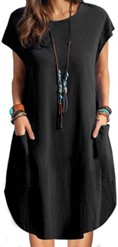 ZANZEA Women Summer Dresses Cotton Linen Dress Plus Size Short Sleeve Baggy Sundress Oversized Casual Midi Dresses with Pockets 1-Black L