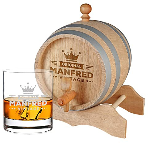 Whiskey Geschenk Idee mit Gravur 1x Whisky Glas 320 ml und 1x Holzfass 1Liter Bierfass mit Zapfhahn Whiskyfass mit Glas - Motiv Krone Whiskey Gläser personalisierte Geschenke Männer Rum Gläser