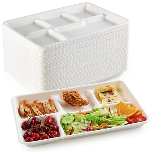 ECOLipak 100% Compostable 5 Compartment Plates, 100 Pack Disposable Compartment Paper Plates, 12.5 * 8.6 inch Biodegradable Sugarcane Plates, Eco-Friendly School Lunch Trays