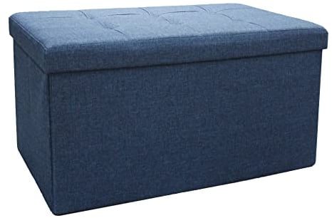 Large Ottoman Foldaway Storage Blanket Toy Box Bench Twill Linen with Buttons (Navy Blue, 76cm x 38cm)